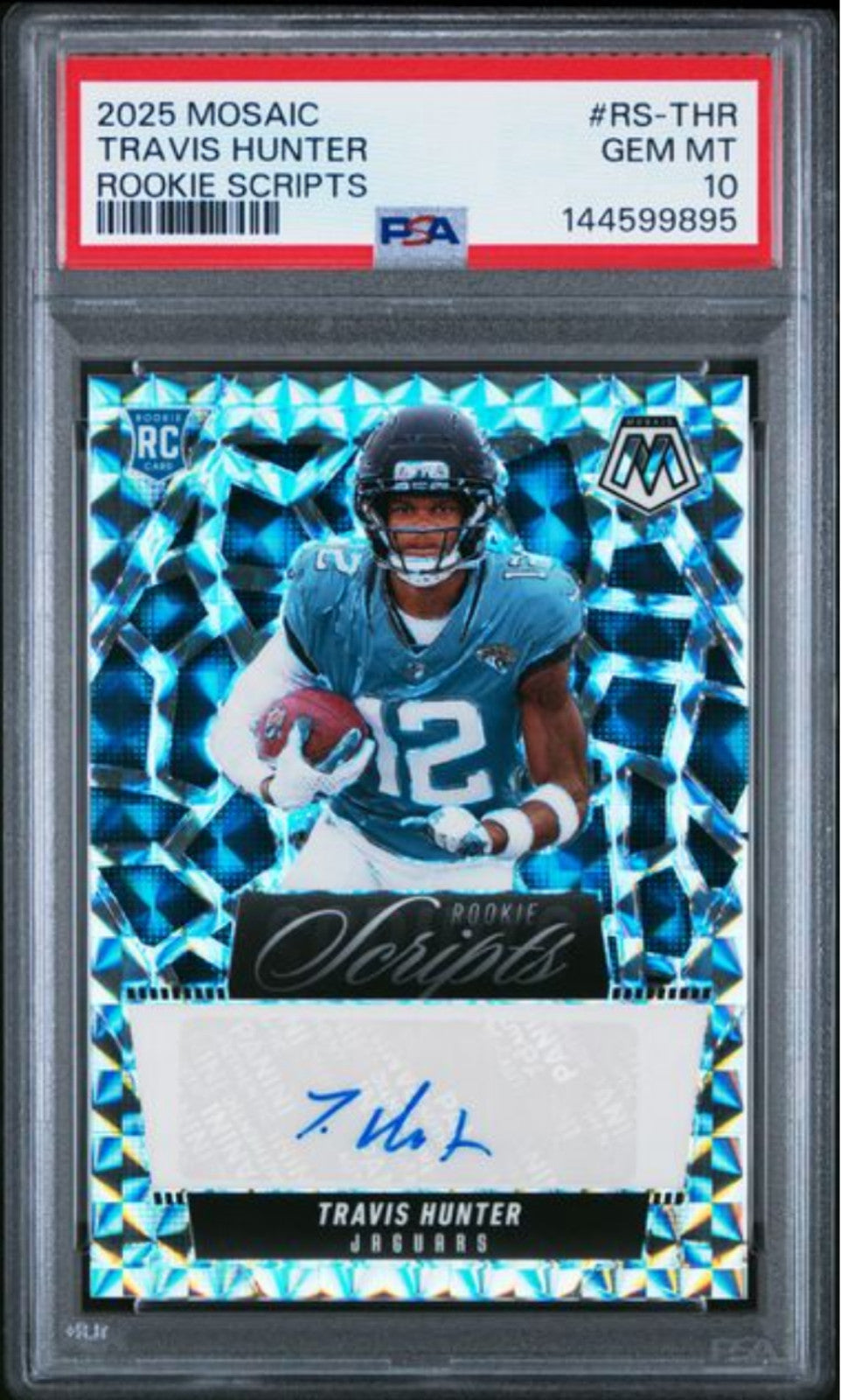 Graded 2025 Mosaic Travis Hunter #RS-THR Rookie Scripts RC Football Card PSA 10