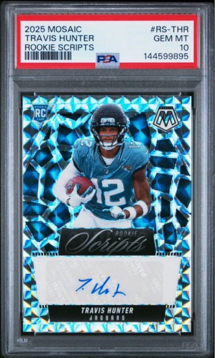 Graded 2025 Mosaic Travis Hunter #RS-THR Rookie Scripts RC Football Card PSA 10
