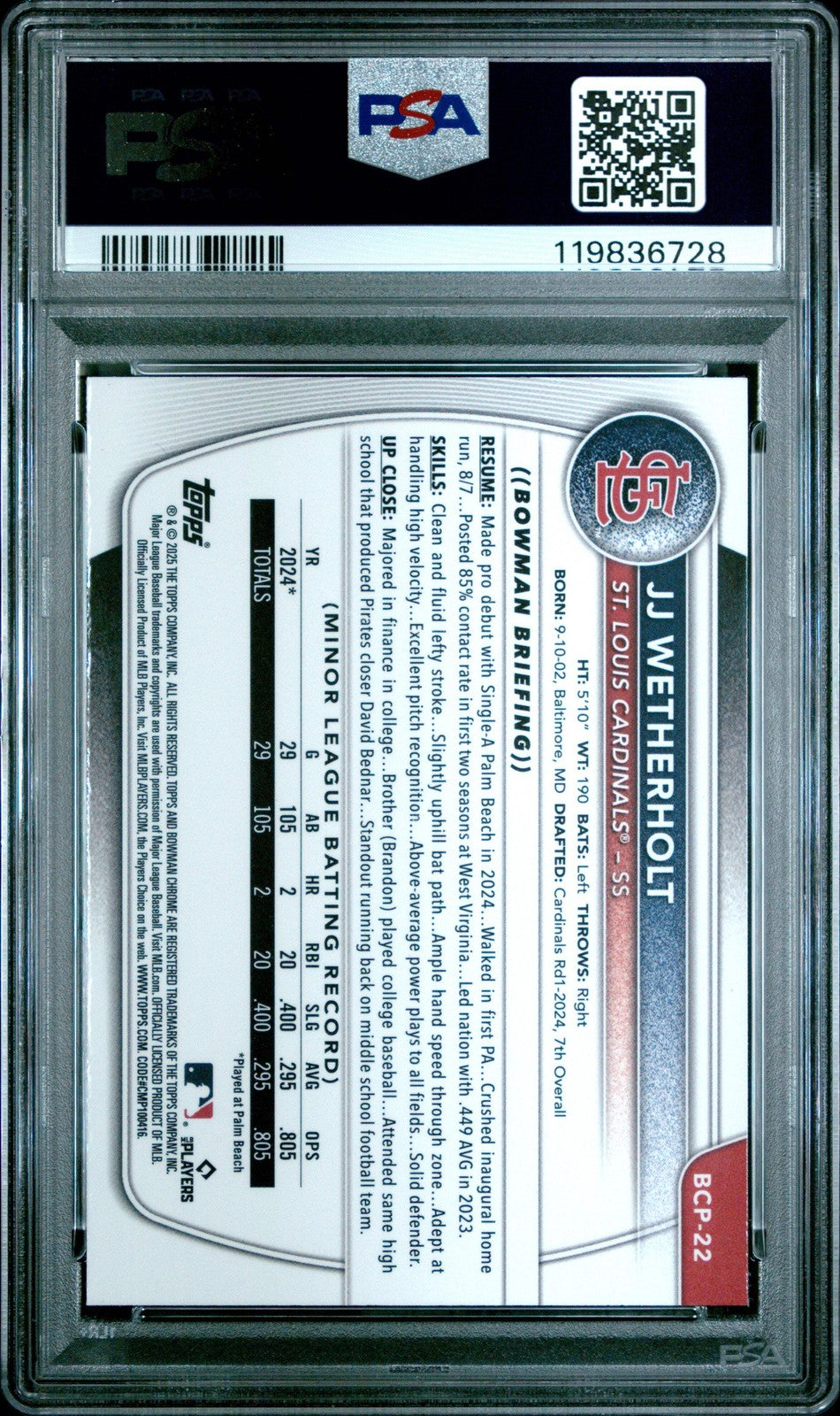 Graded 2025 Bowman JJ Wetherholt #BCP22 Chrome Prospects RC Baseball Card PSA 10