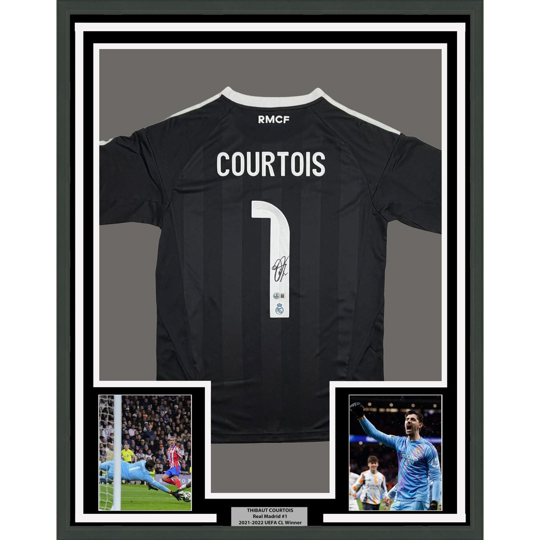 Framed Autographed Thibaut Courtois 35x39 Real Madrid Black Jersey BAS COA