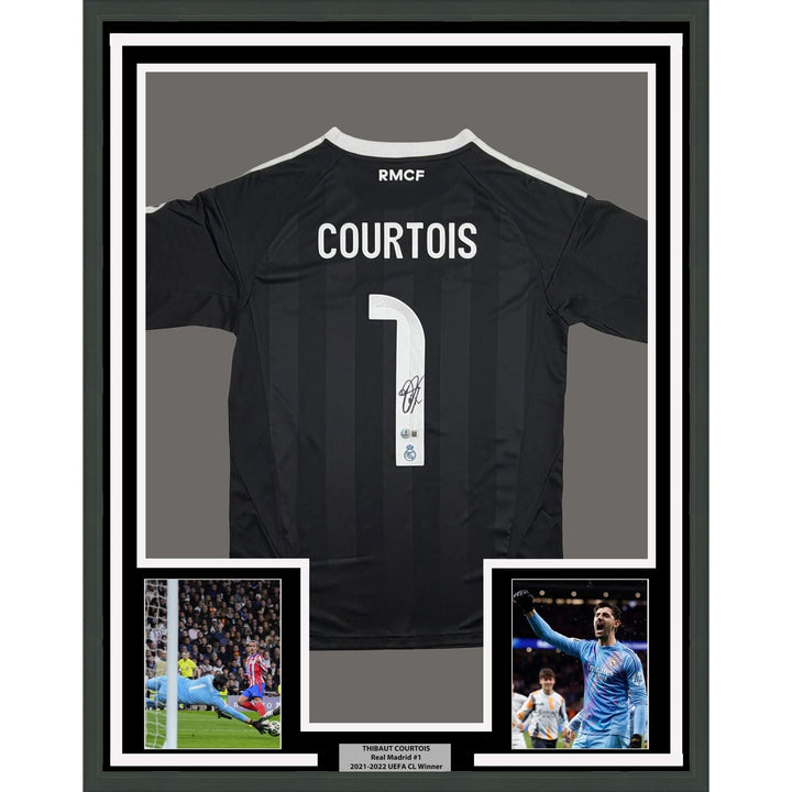 Framed Autographed Thibaut Courtois 35x39 Real Madrid Black Jersey BAS COA