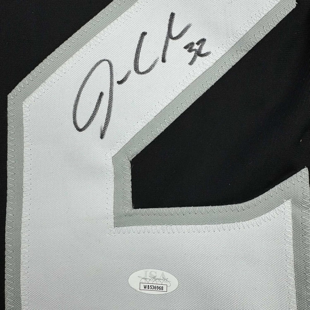 Framed Autographed/Signed Jonathan Quick 35x39 Los Angeles LA Black Jerse