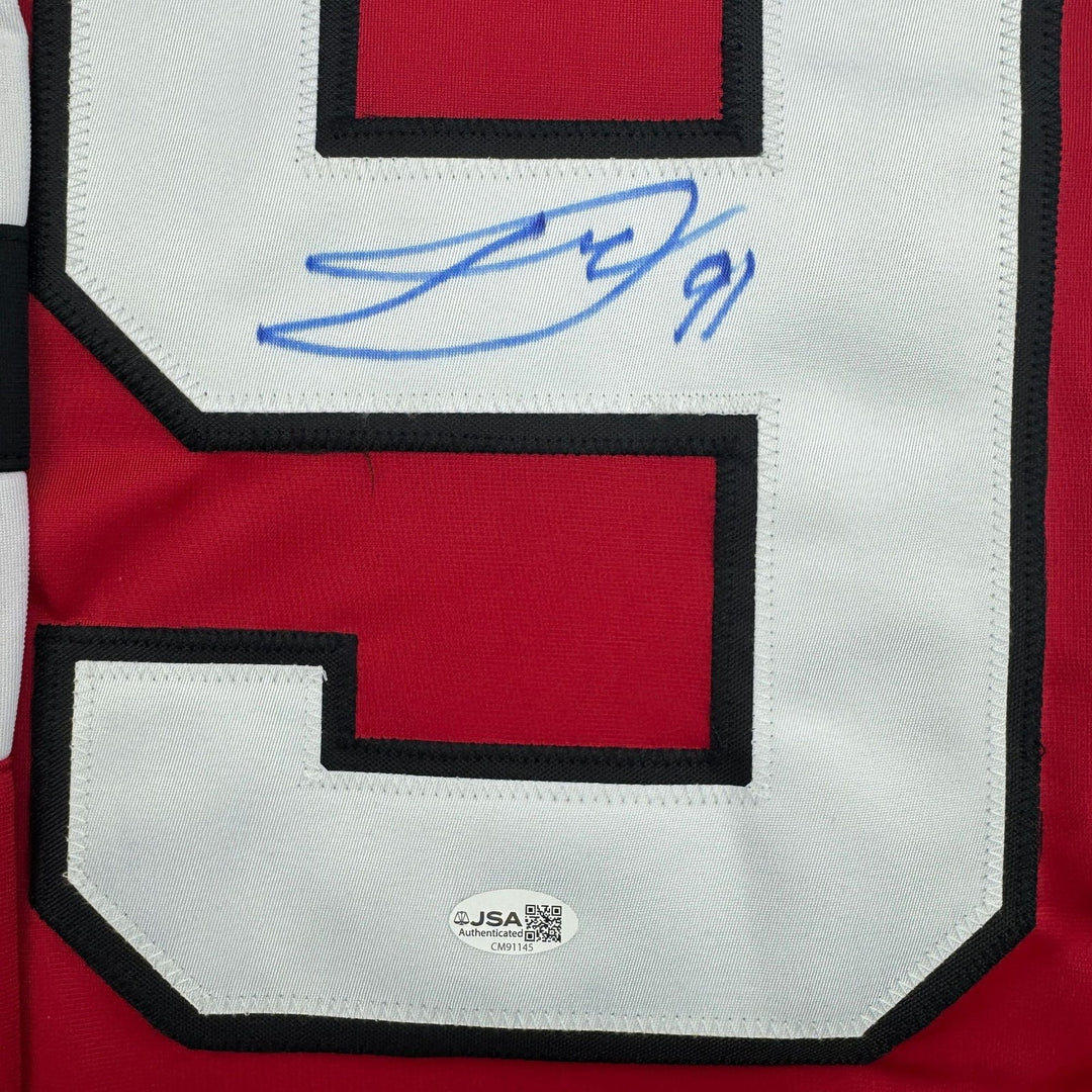 Autographed/Signed Dawson Mercer New Jersey NJ Red Hockey Jersey JSA COA