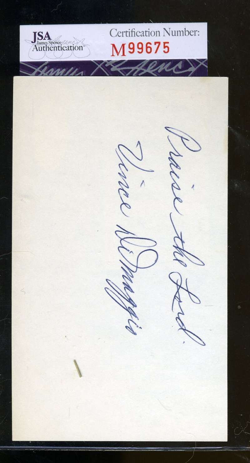 Vince Dimaggio Signed 3x5 Index Card Jsa Certified Authenticated Autograph