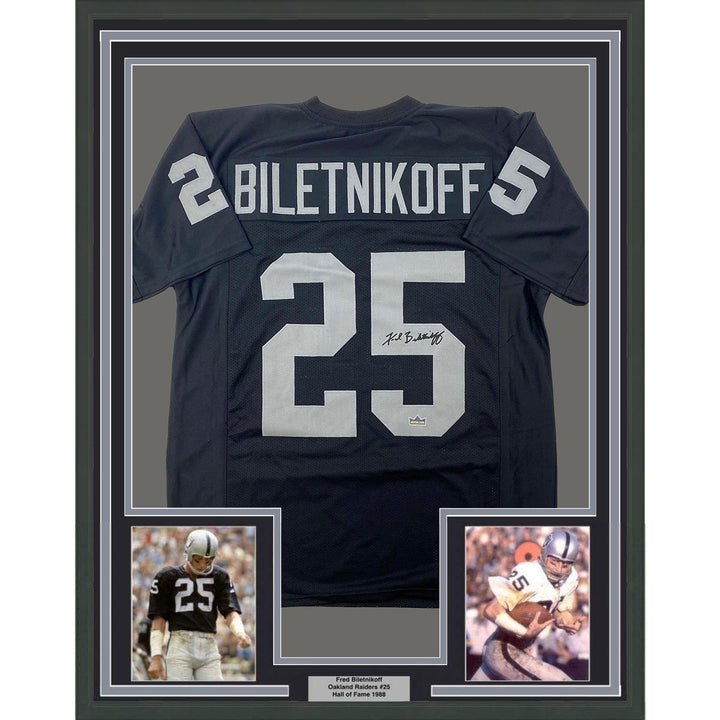 Framed Facsimile Autographed Fred Biletnikoff 33x42 Black Reprint Laser Jersey