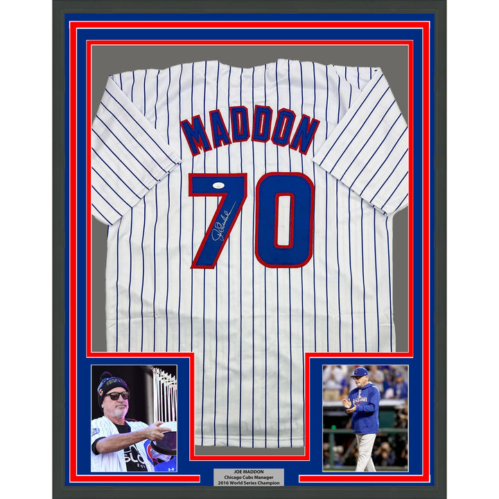 Framed Autographed/Signed Joe Maddon 35x39 Chicago Pinstripe Jersey JSA COA