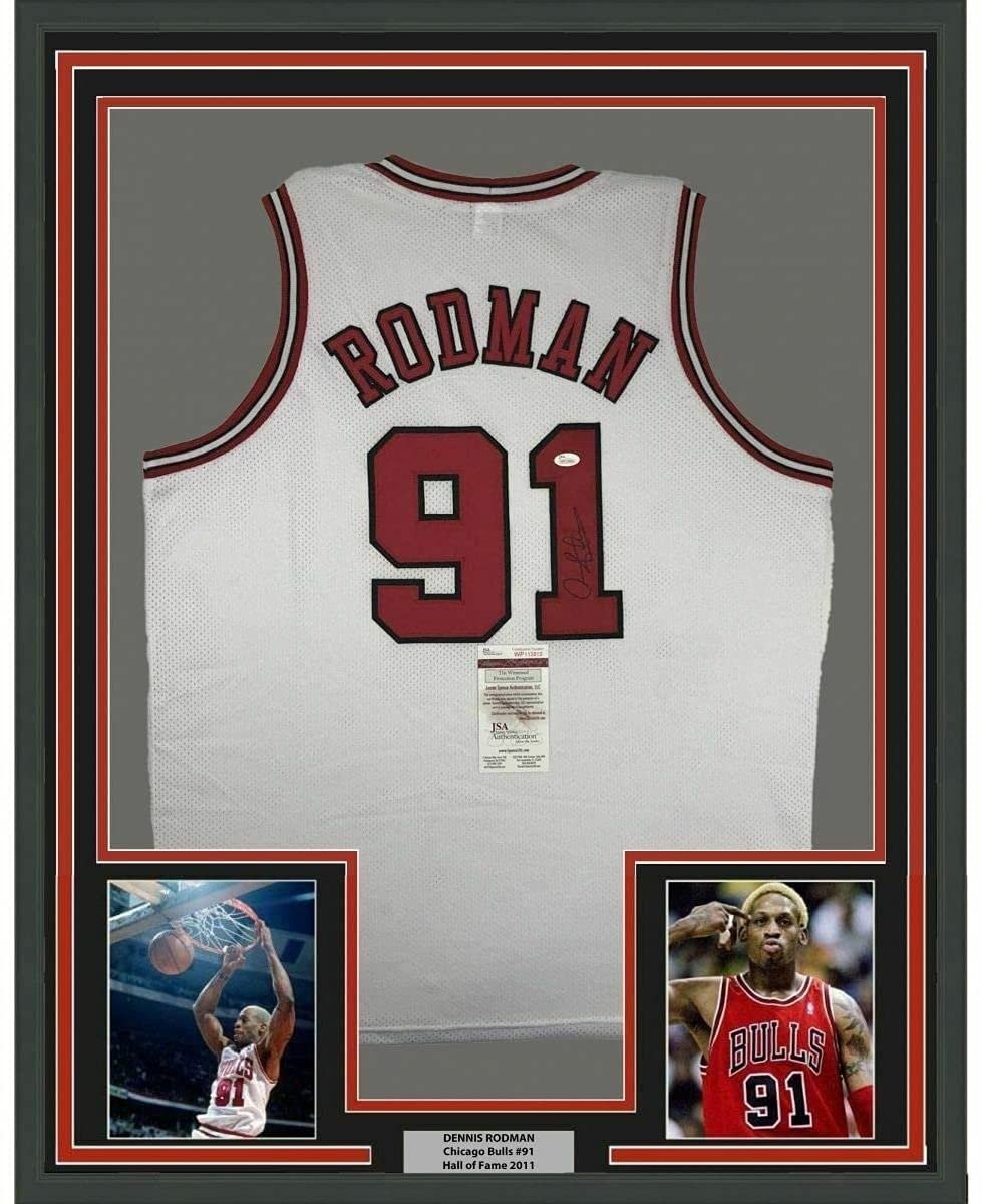 FRAMED Autographed/Signed DENNIS RODMAN 33x42 Chicago White Jersey JSA COA