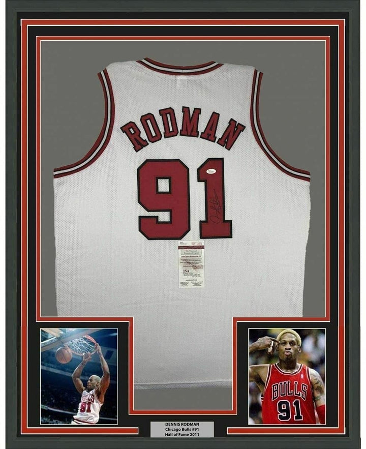 FRAMED Autographed/Signed DENNIS RODMAN 33x42 Chicago White Jersey JSA COA