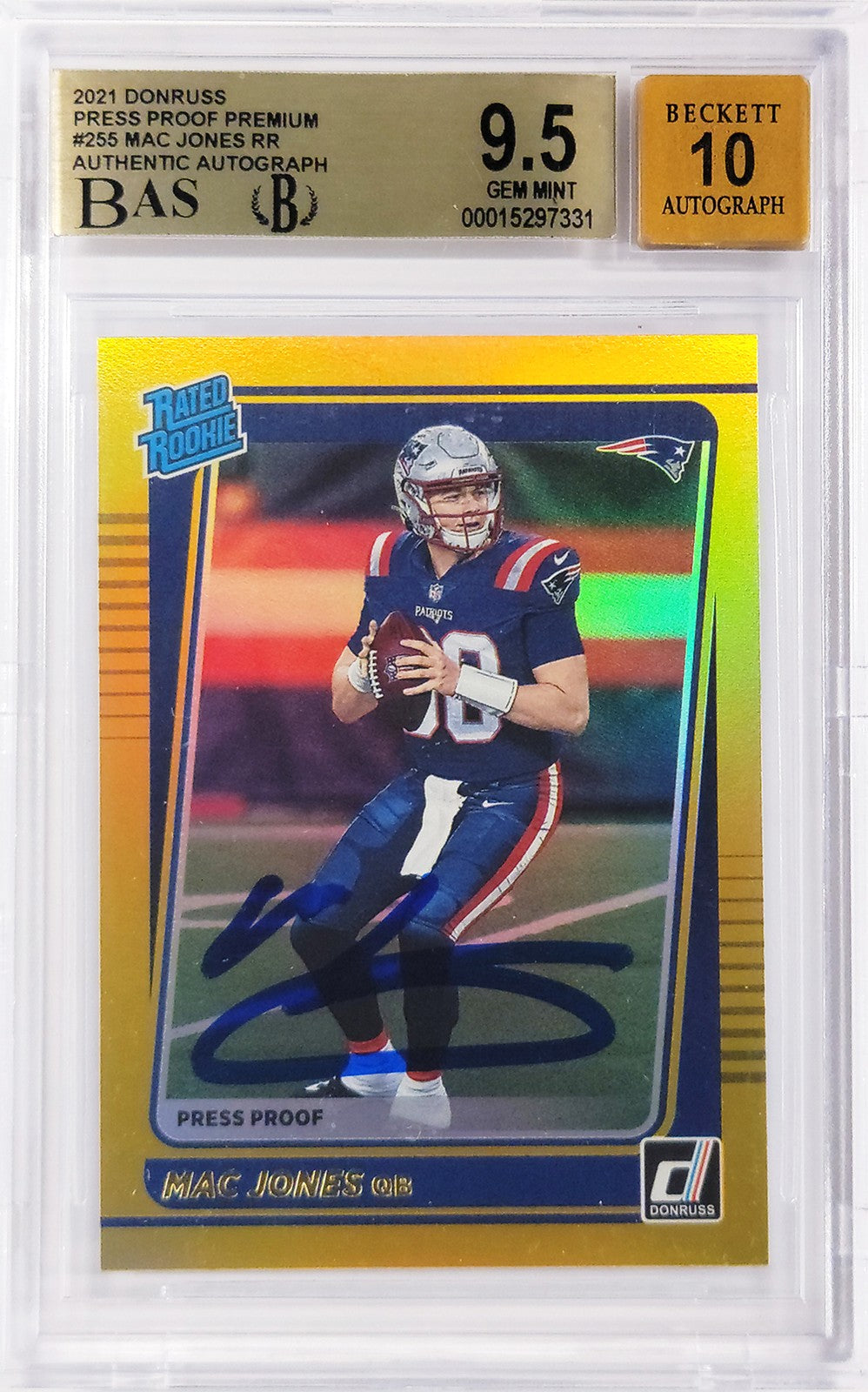 Mac Jones Signed 2021 Donruss Gold Press Proof Premium RC 255 BGS 9.5 Sig 10 BAS