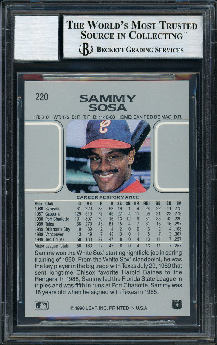 Sammy Sosa Signed 1990 Leaf RC #220 Chicago White Sox Auto Grade 10 Beckett