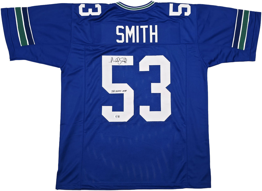 Seahawks Malcolm Smith Signed Blue Jersey "SB LXVIII MVP" Beckett Witness