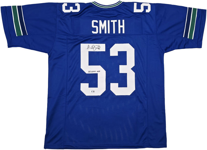 Seahawks Malcolm Smith Signed Blue Jersey "SB LXVIII MVP" Beckett Witness