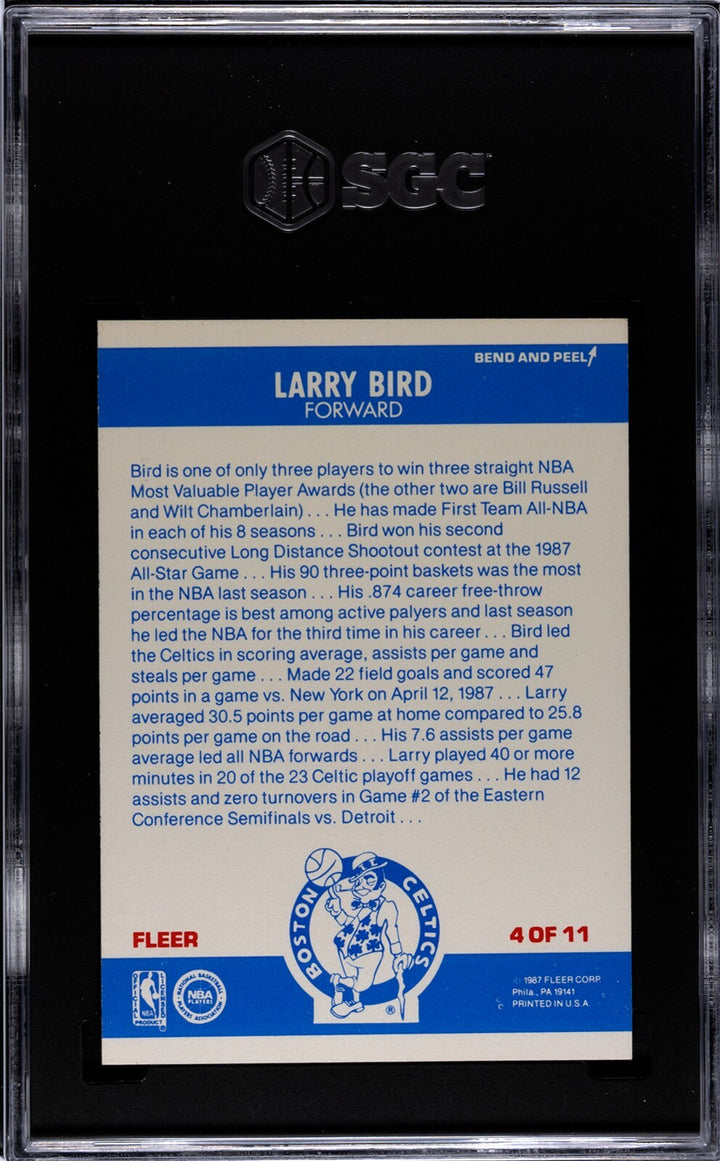 Larry Bird 1987-88 Fleer Sticker/Card #4- SGC Graded 8 NM-MT (Celtics/HOF)