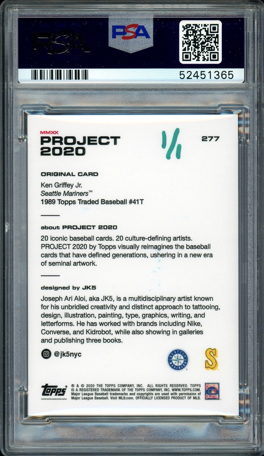 Ken Griffey Jr. Auto Topps Project 2020 JK5 Card 277 Mariners "24" #1/1 PSA/DNA