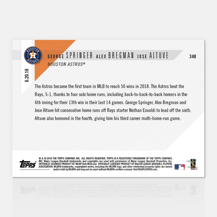 2018 SPRINGER BREGMAN ALTUVE BACK-2-BACK-2-BACK HR's 50th WIN TOPPS NOW CARD 348