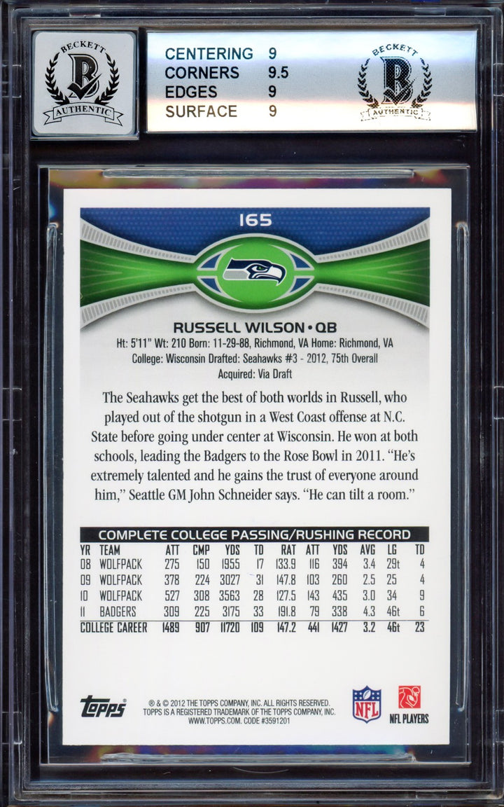 Russell Wilson Signed 2012 Topps RC 165A Seahawks BGS 9 Auto GM 10 Beckett
