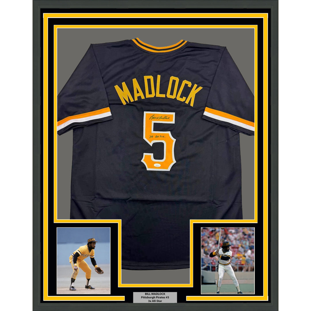 Framed Autographed/Signed Bill Madlock 35x39 Pittsburgh Black Jersey JSA COA