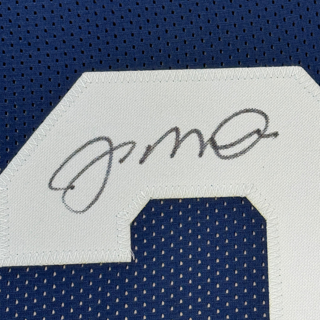 FRAMED Autographed/Signed JOE MONTANA 33x42 Notre Dame Blue Jersey JSA COA Auto
