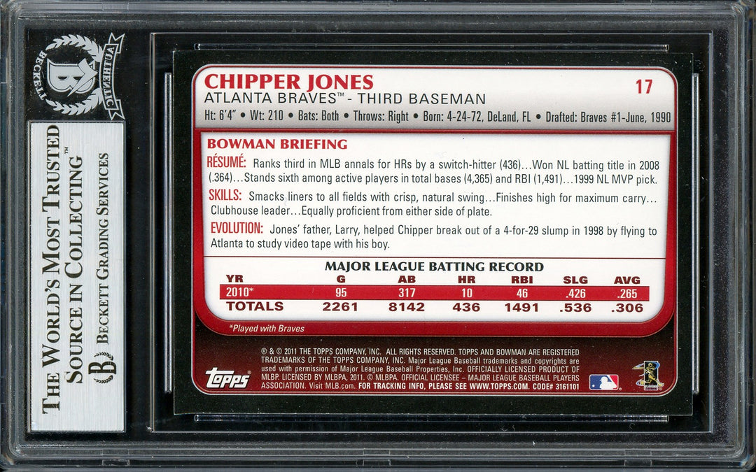 Chipper Jones Signed 2011 Bowman Card 17 Atlanta Braves Beckett #13020964