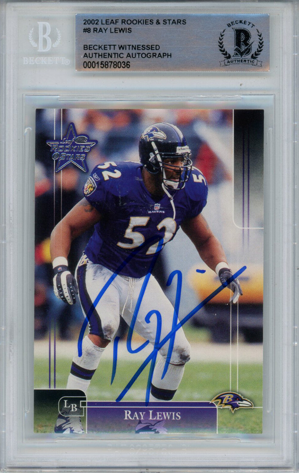 Ray Lewis Signed 2002 Leaf Rookies & Stars #8 Trading Card Beckett Slab 43374