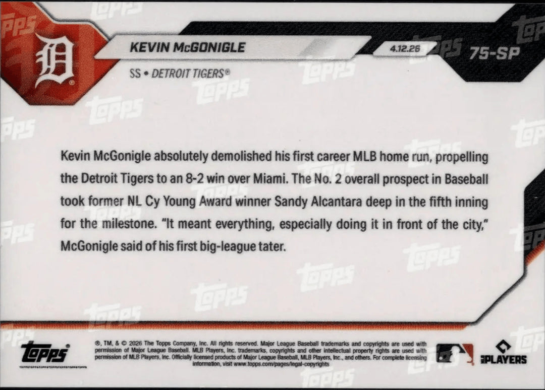 2026 Topps Now Kevin McGonigle #75SP Detroit Tigers Rookie RC Baseball Card