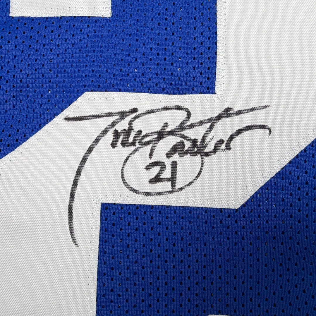 Autographed/Signed Tiki Barber New York Blue Football Jersey Beckett COA
