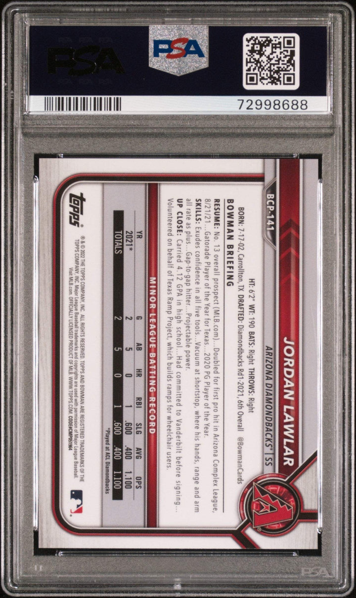 Graded 2022 Bowman S/E Jordan Lawler #BCP141 Aqua #/55 RC Baseball Card PSA 10