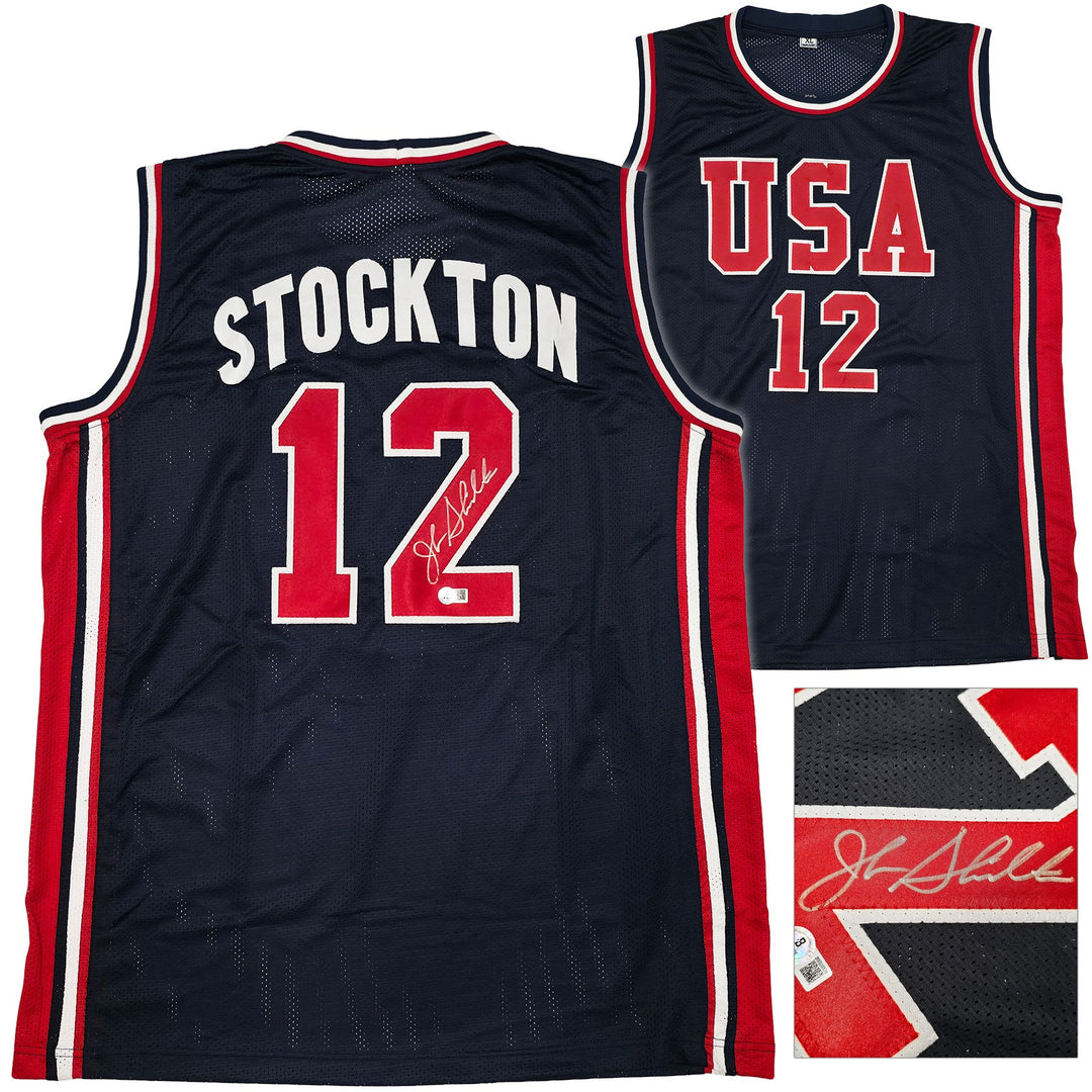 Team USA John Stockton Autographed Blue Jersey Beckett BAS Witness