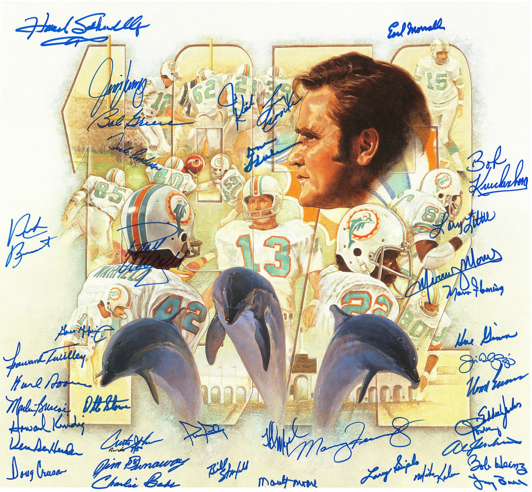 1972 Dolphins Perfect Season Team Auto Lithograph 40 Sigs Shula, Griese Fanatics