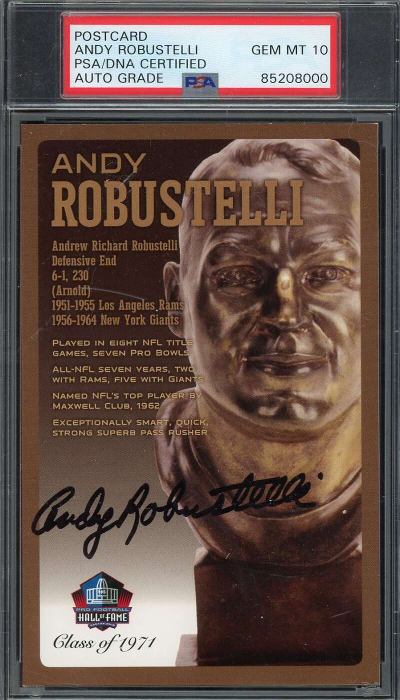 Andy Robustelli Gem Mint 10 PSA DNA Signed Hall of Fame Bronze Bust Postcard /15