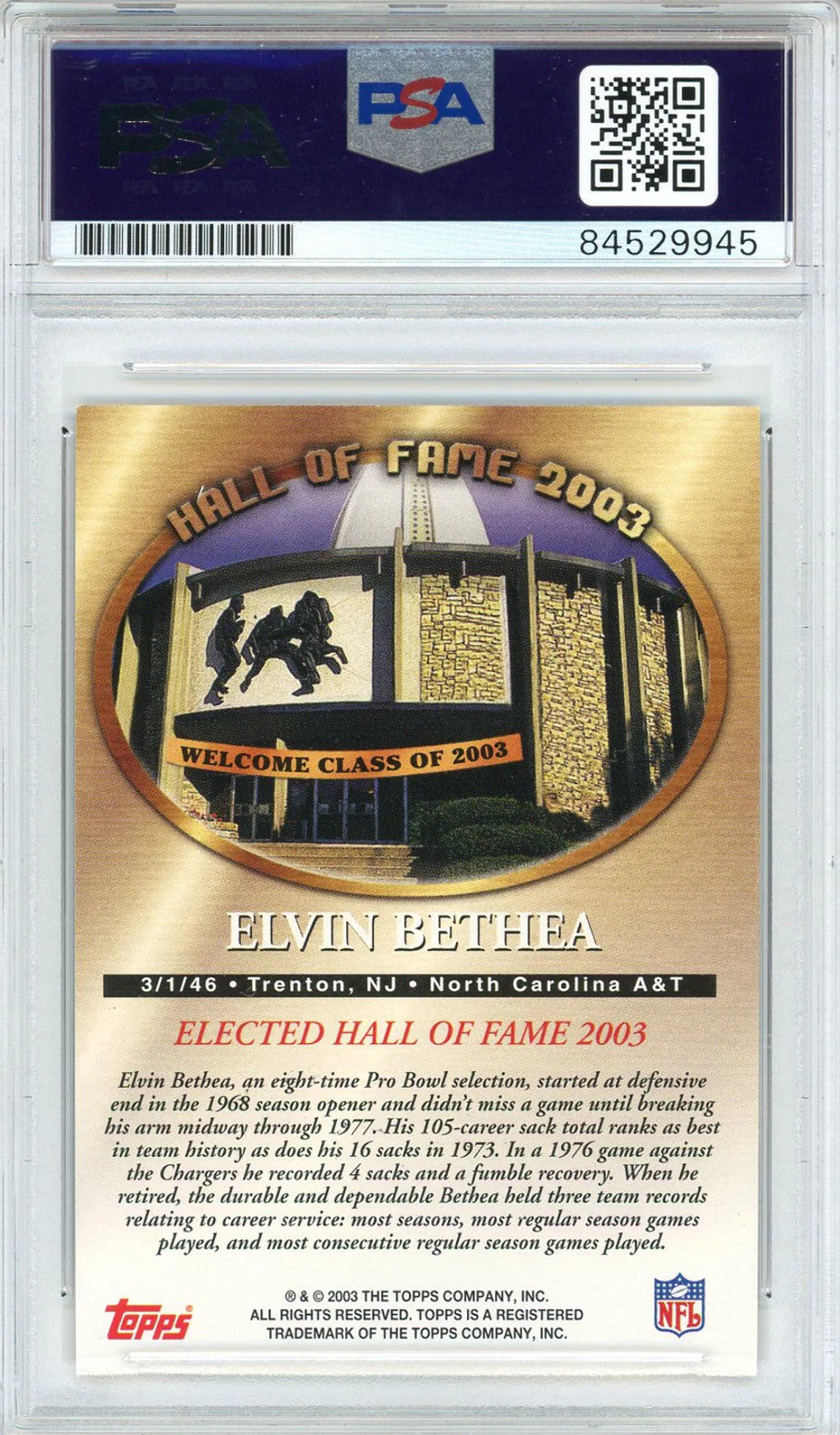 Elvin Bethea "HOF 03" Autographed 2003 Topps Card (PSA Auto 10)