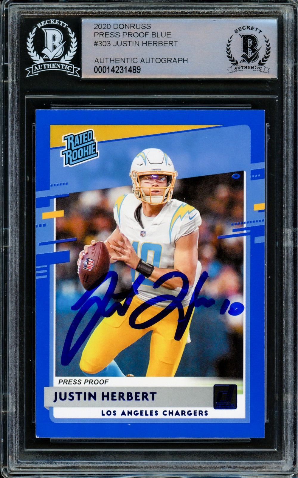 Justin Herbert Signed 2020 Donruss Rated Rookie Blue Press Proof RC 303 Beckett