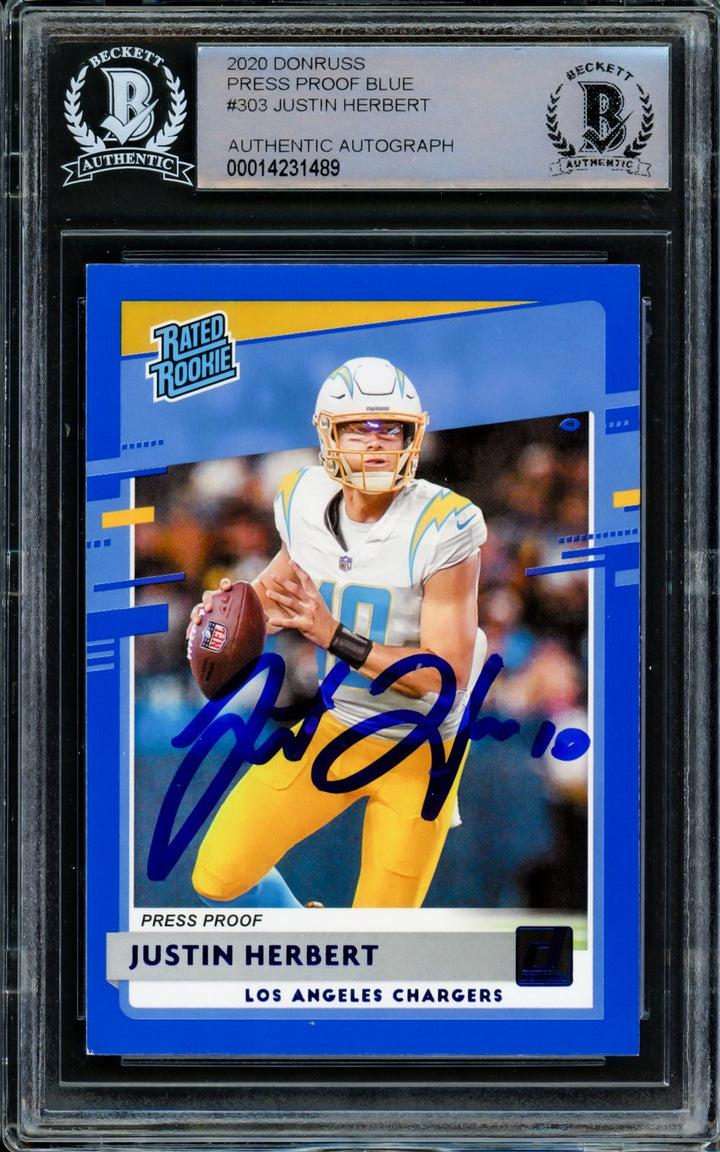 Justin Herbert Signed 2020 Donruss Rated Rookie Blue Press Proof RC 303 Beckett