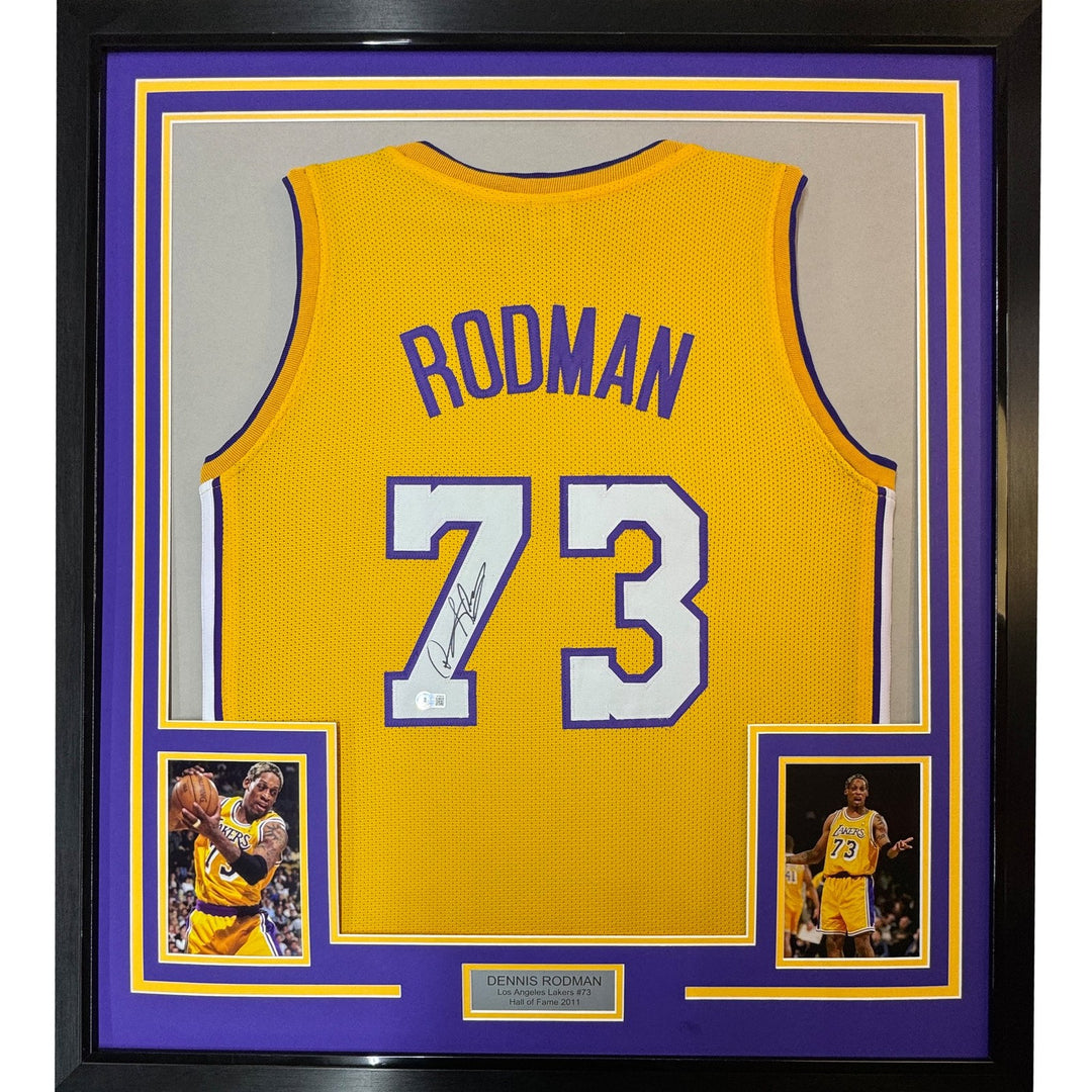 Framed Signed Dennis Rodman 35x39 Los Angeles Yellow Jersey PSA COA