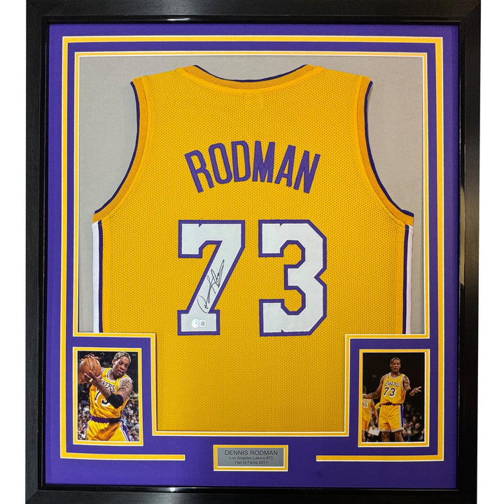 Framed Signed Dennis Rodman 35x39 Los Angeles Yellow Jersey PSA COA