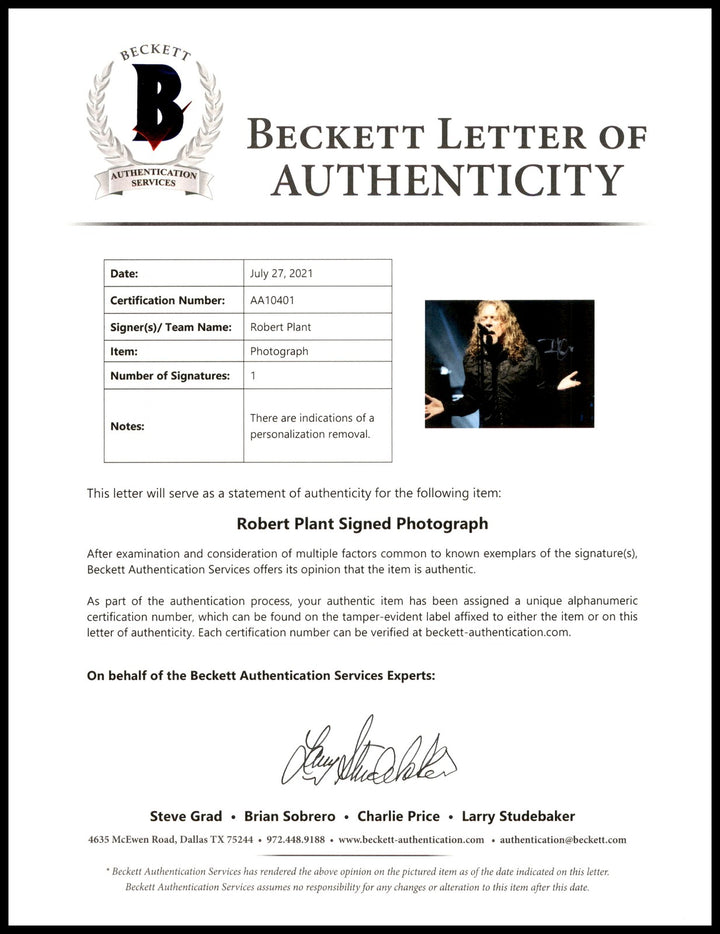 Robert Plant Auto Signed 8x10 Photo Led Zeppelin (Removal) Beckett #AA10401