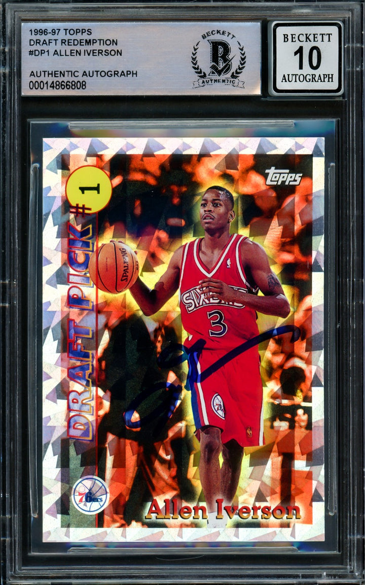 Allen Iverson Signed 1996-97 Topps Draft Pick RC DP1 76ers Auto 10 Beckett