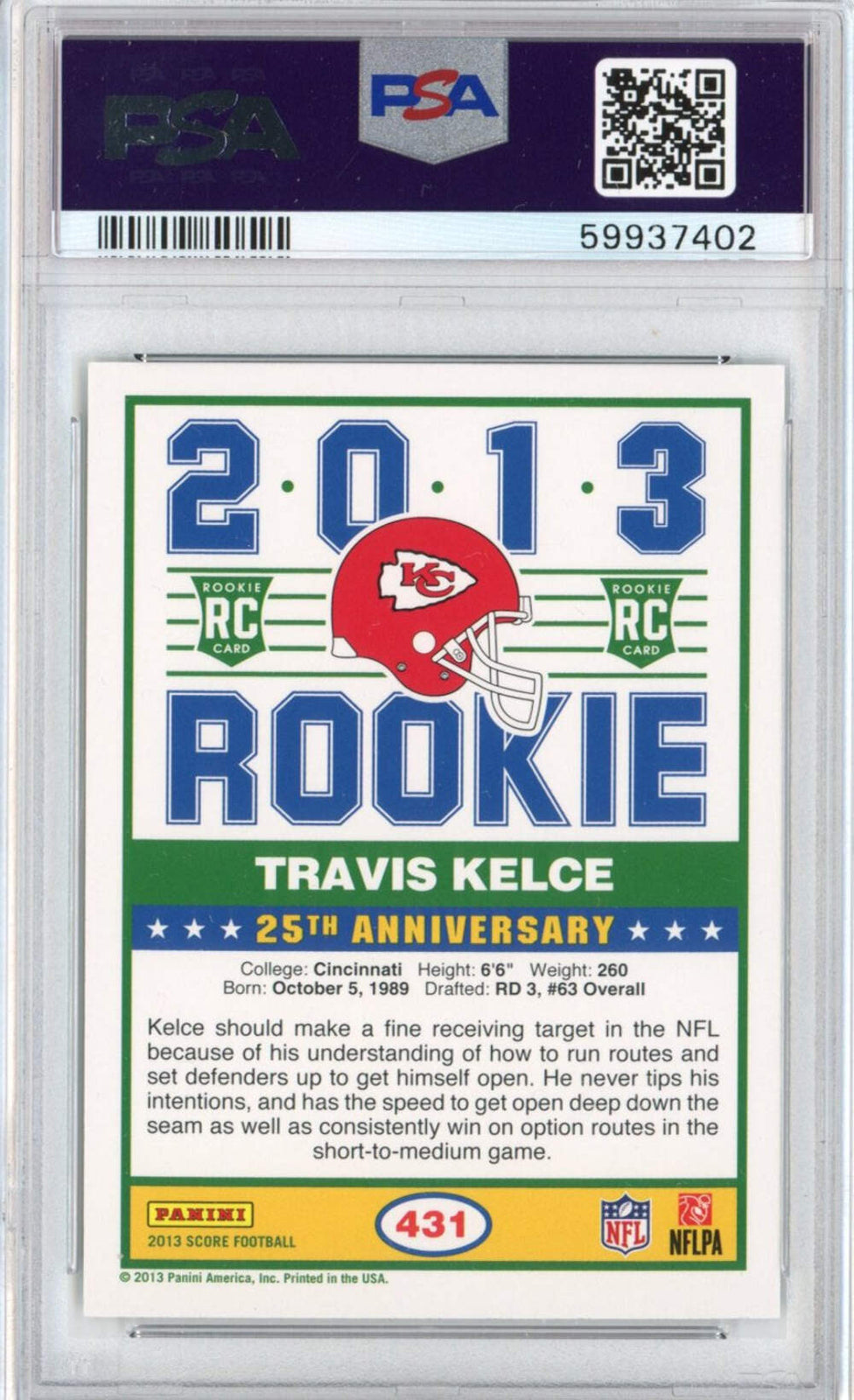 Graded 2013 Panini Score Travis Kelce #431 Rookie RC Football Card PSA 10 Mint