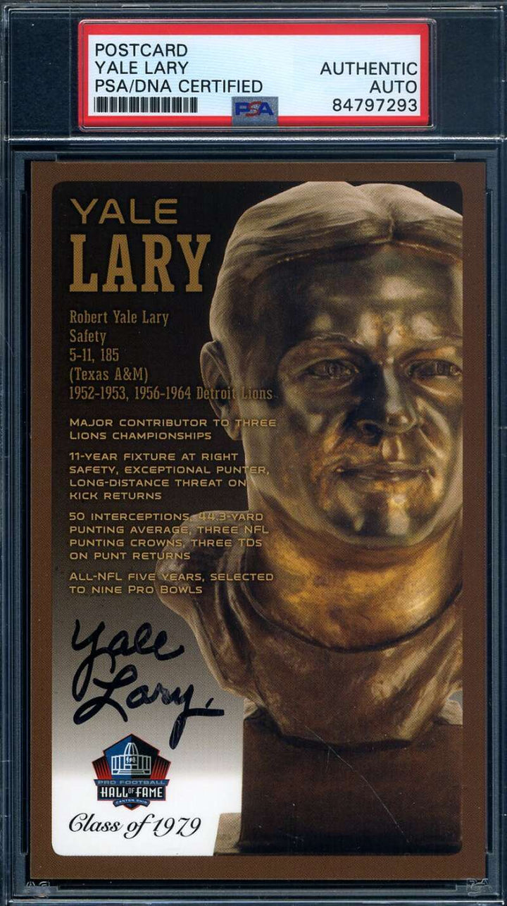 Yale Lary PSA DNA Signed Hall of Fame Bronze Bust Postcard Autograph