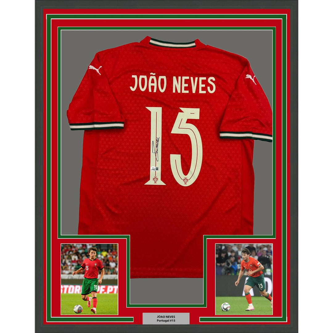 Framed Autographed/Signed Joao Neves 35x39 Portugal Soccer Jersey JSA COA