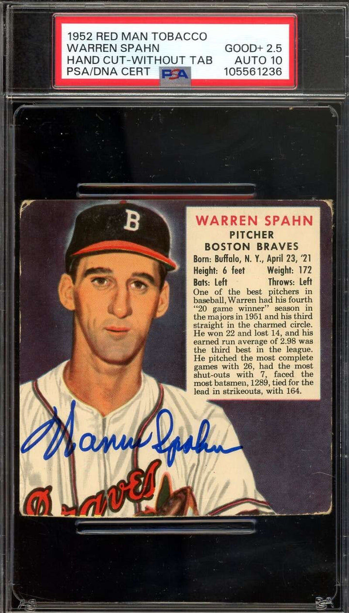 Warren Spahn Gem Mint 10 PSA DNA Signed 1952 Red Man Tobacco Autograph