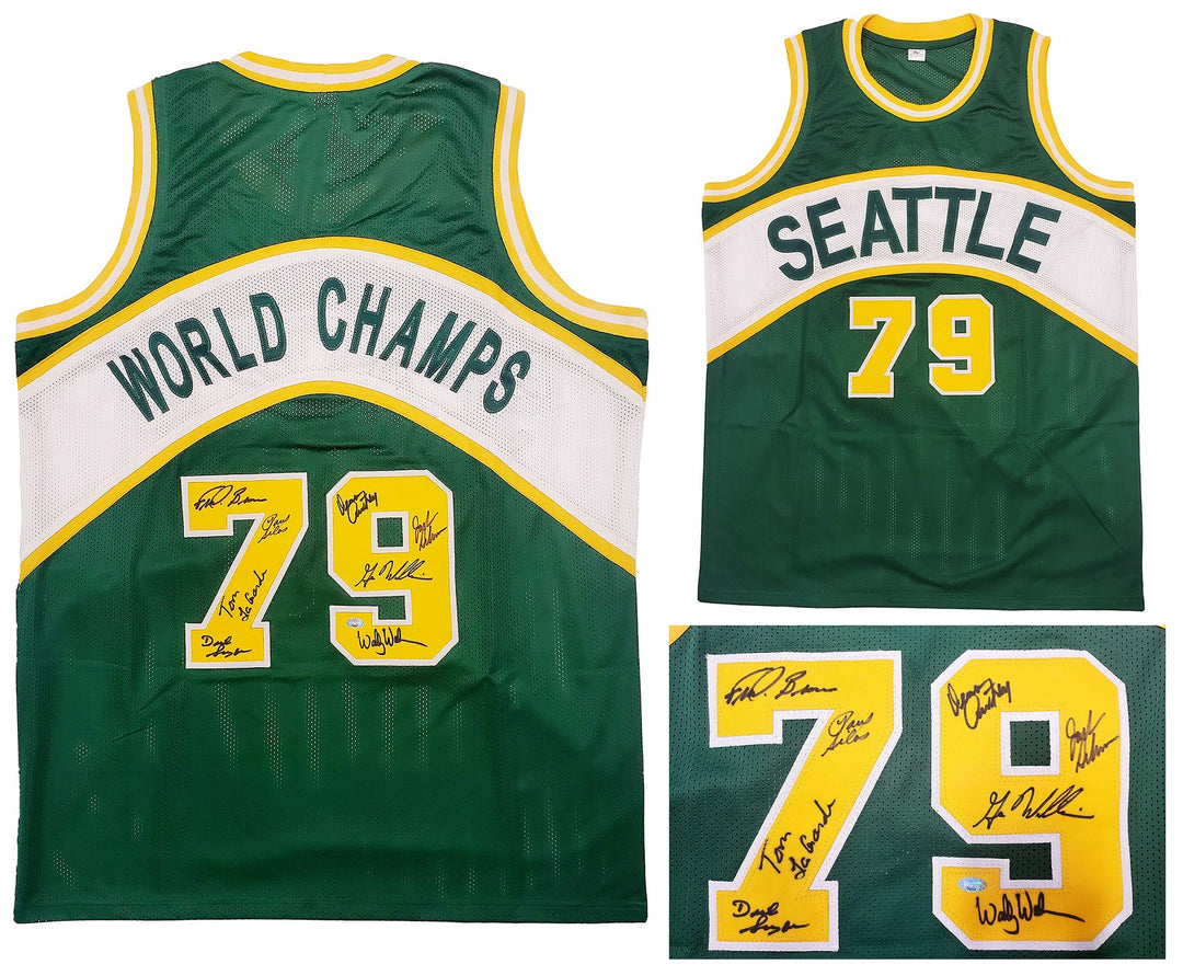1978-79 NBA Champ Supersonics Auto Green Jersey 8 Sig Fred Brown Gus Williams