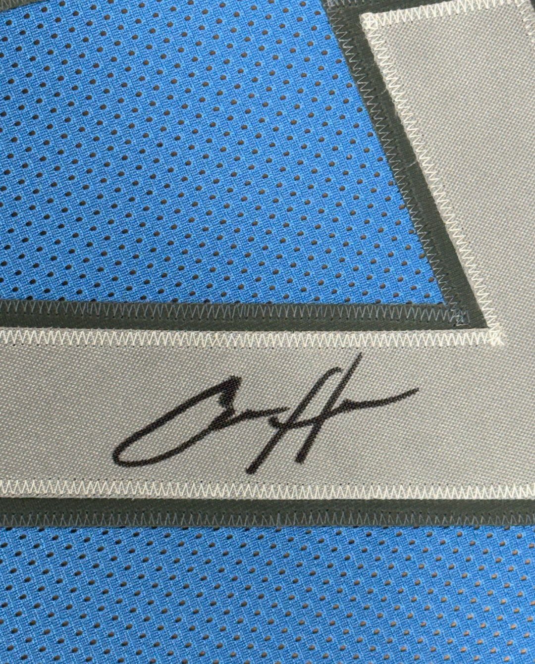 Framed Autographed/Signed Aidan Hutchinson 33x42 Detroit Blue Jersey BAS COA