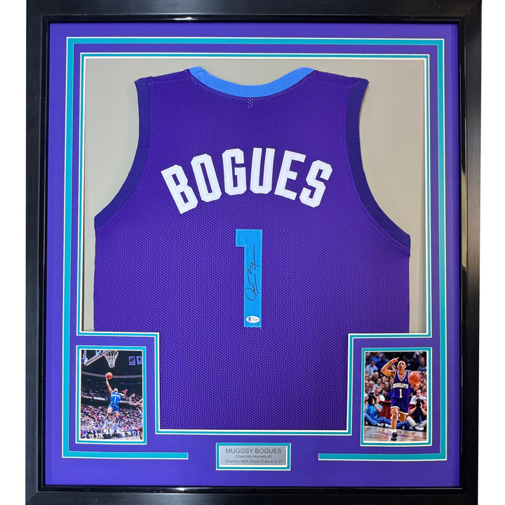 Framed Autographed/Signed Muggsy Bogues 33x42 Charlotte Purple Jersey BAS COA