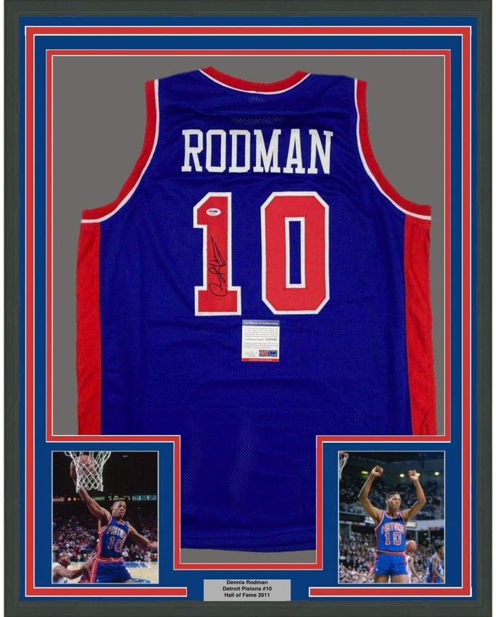 Framed Autographed/Signed Dennis Rodman 35x39 Detroit Blue Jersey PSA COA