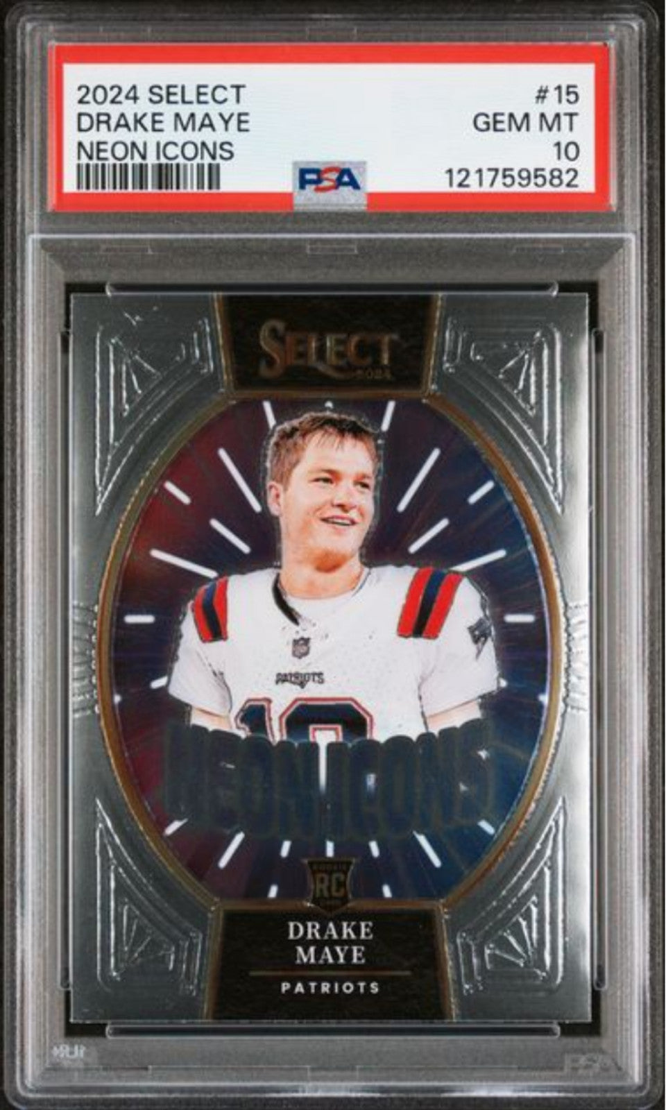 Graded 2024 Panini Select Drake Maye #15 Neon Icons Rookie RC Card PSA 10 Mint
