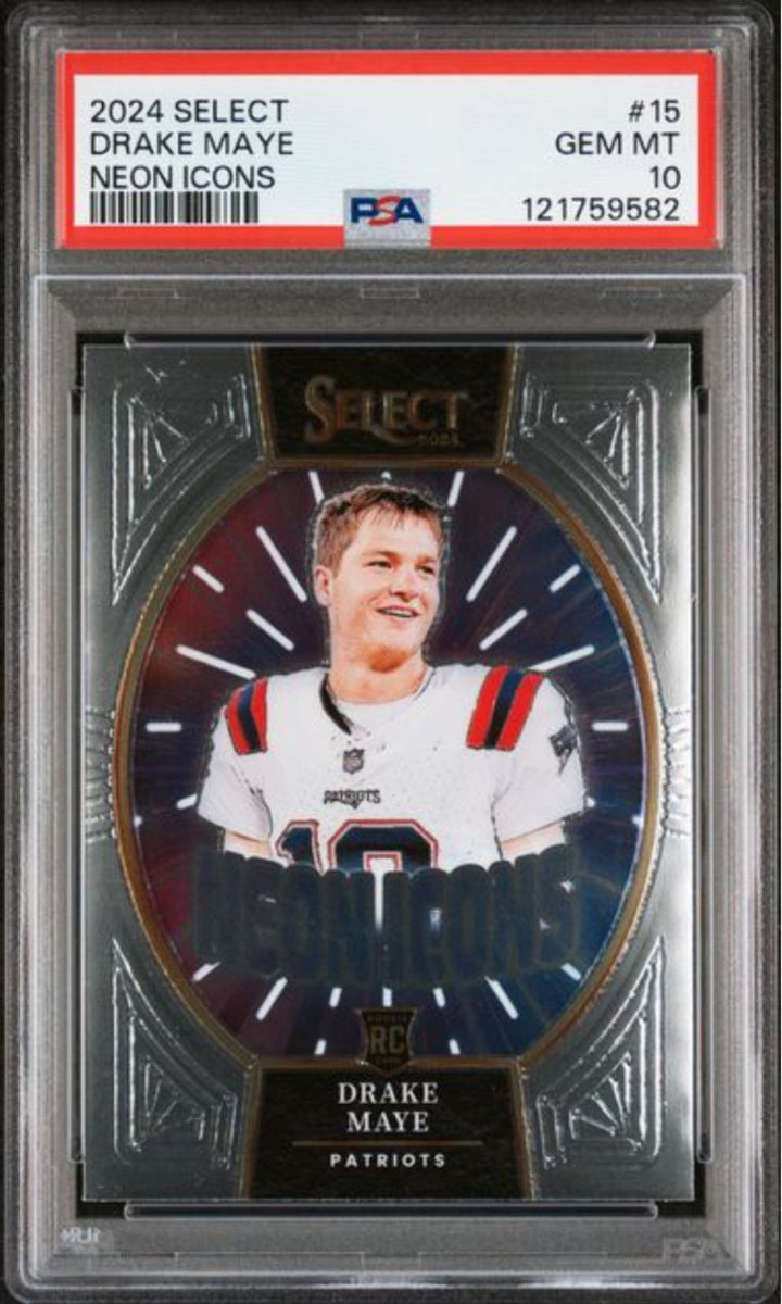 Graded 2024 Panini Select Drake Maye #15 Neon Icons Rookie RC Card PSA 10 Mint