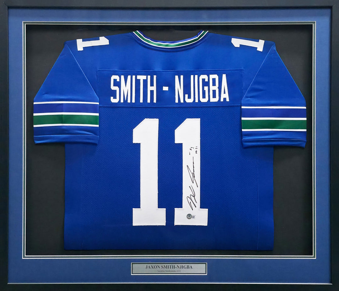 Jaxon Smith-Njigba Signed Framed Seahawks Blue Jersey Beckett BAS