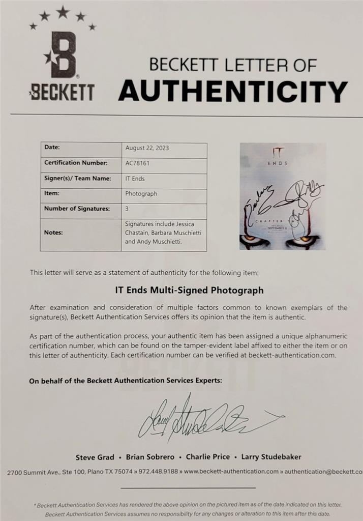 IT Ends cast (3) signed 12x18 photo Chastain Muschietti autograph ~ Beckett BAS