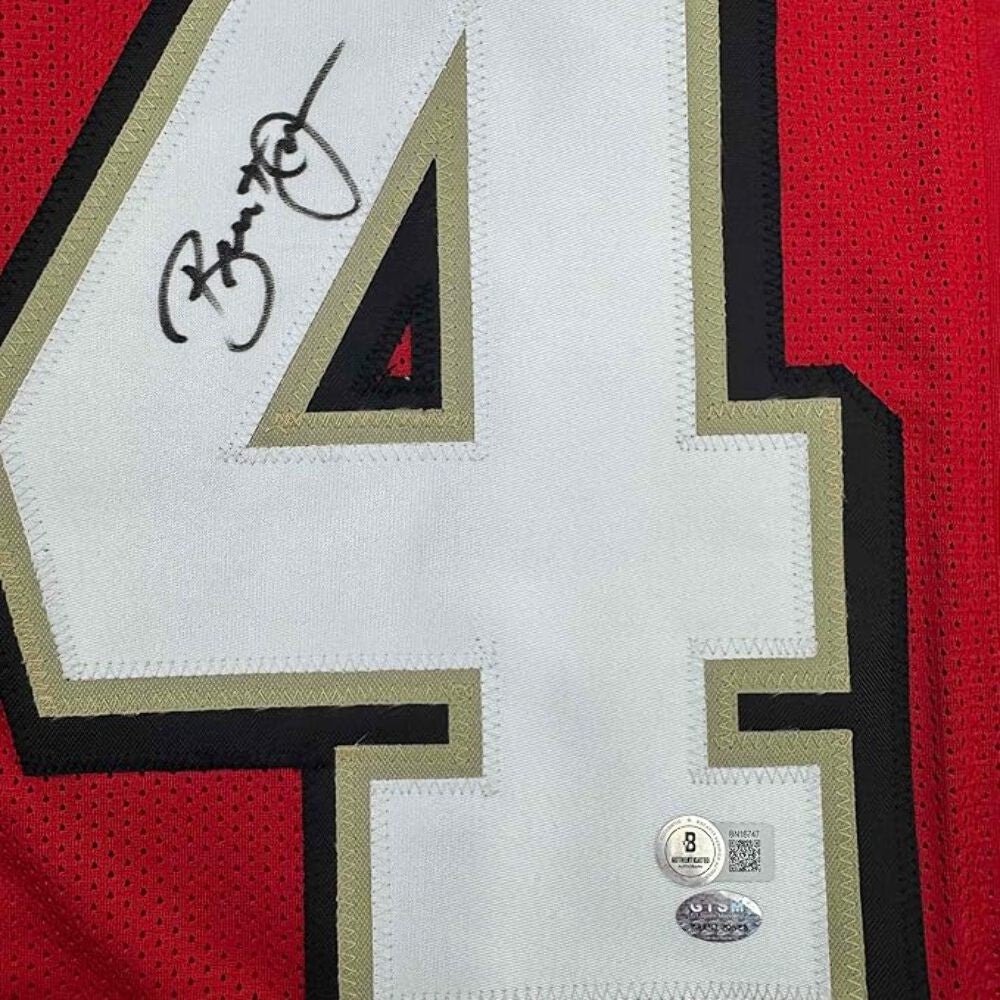Framed Autographed/Signed Brent Jones 35x39 SF Red ALT Jersey Beckett BAS COA